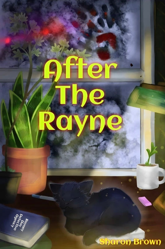 Book cover of 'After The Rayne' by Sharon Brown with a plant, coffee cup, and cat on a table.