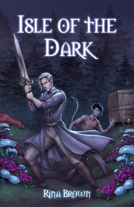 A warrior with a sword stands in front of a Datsoe boy surrounded by purple mushrooms with a forest background