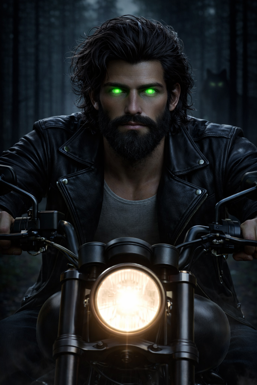 Brock from Down Came the Rayne by Sharon Brown, A dark haired man with glowing eyes on a motorcycle 