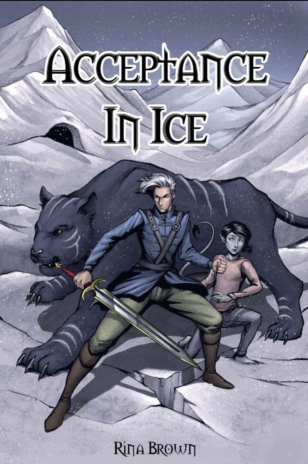 A warrior holding a sword next to a boy with a giant cat behind them in a snowy landscape