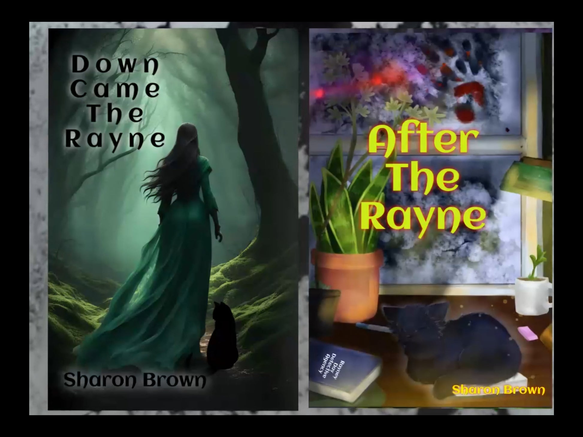 Two book covers by Sharon Brown featuring a woman in a green dress with a black cat, and a black cat on a desk with a creature outside the window