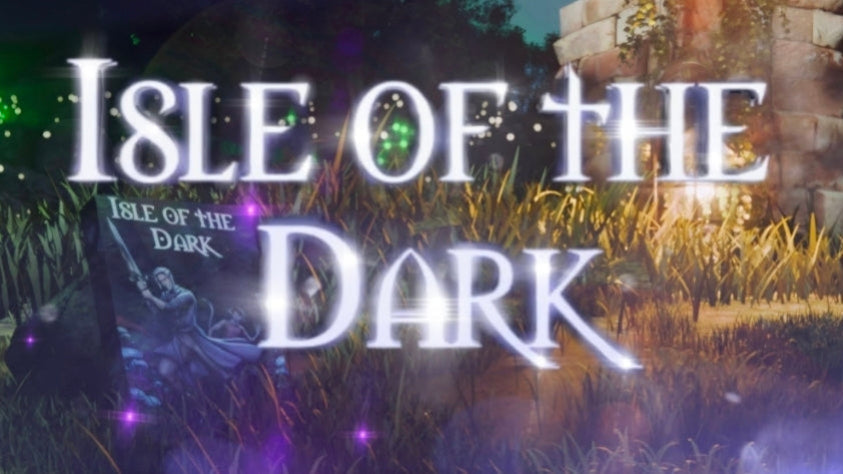 Isle of the Dark digital cover art featuring large glowing white title text over a fantasy grassy landscape with a stone structure and purple light effects.