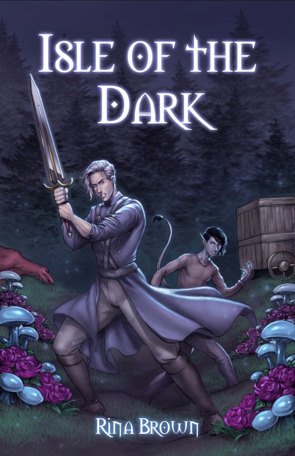 A warrior with a sword stands in front of a Datsoe boy surrounded by purple mushrooms with a forest background