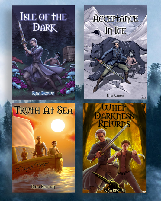 Four book covers for 'Isle of the Dark' series by Rina Brown featuring Ranger and Isle