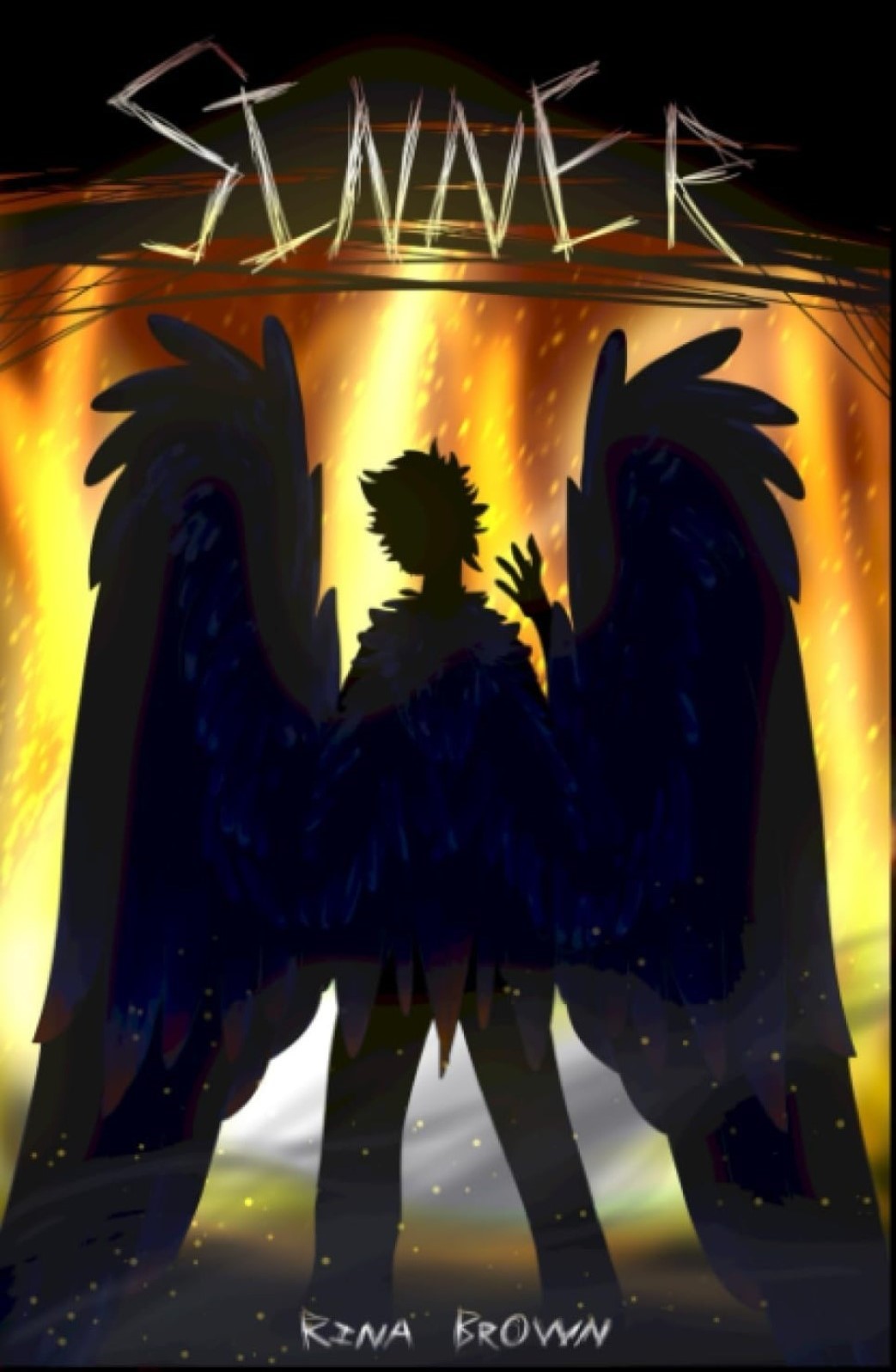 Book cover featuring the back of a boy with wings facing fire
