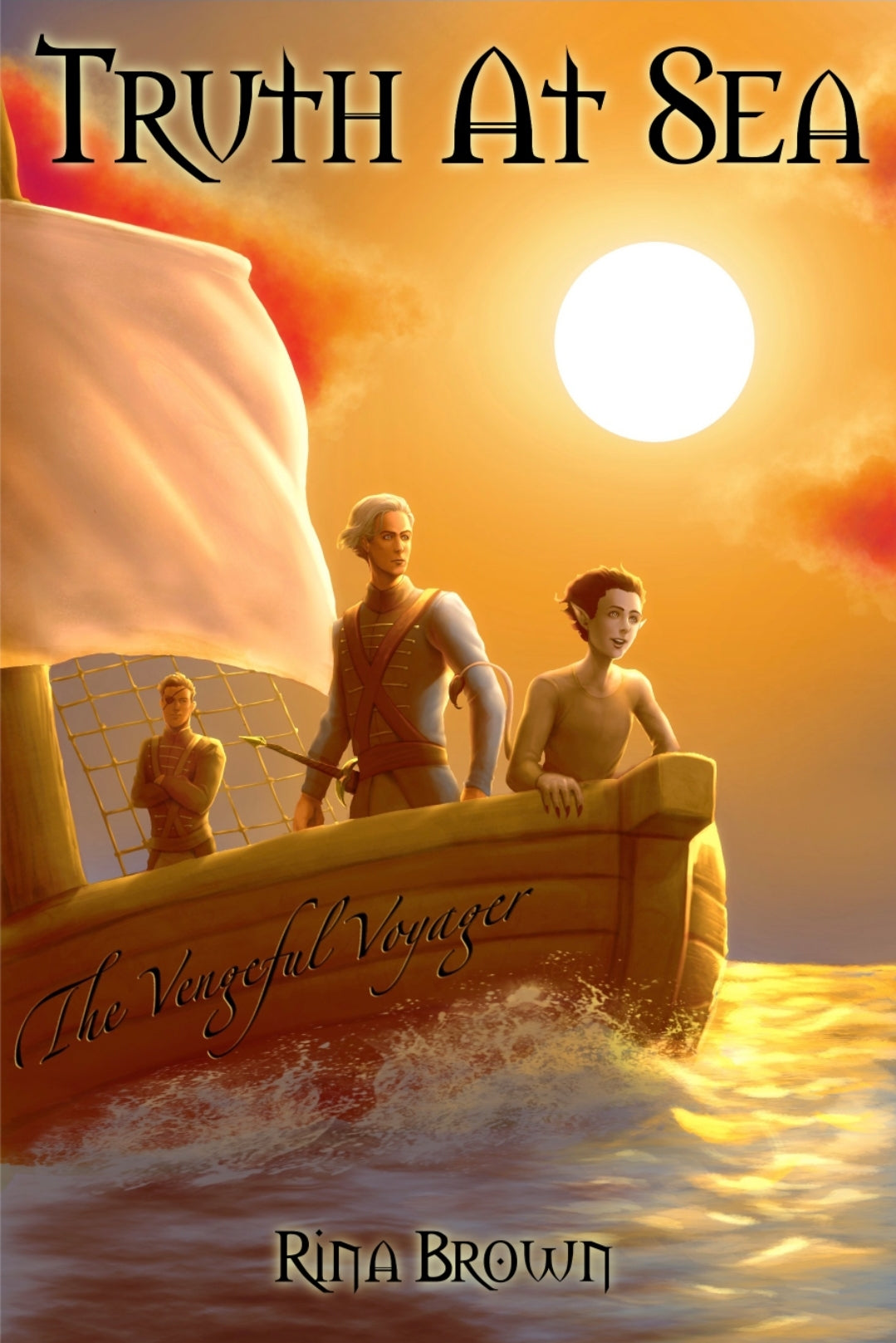 3 men on the bow of a sailboat with an orange background