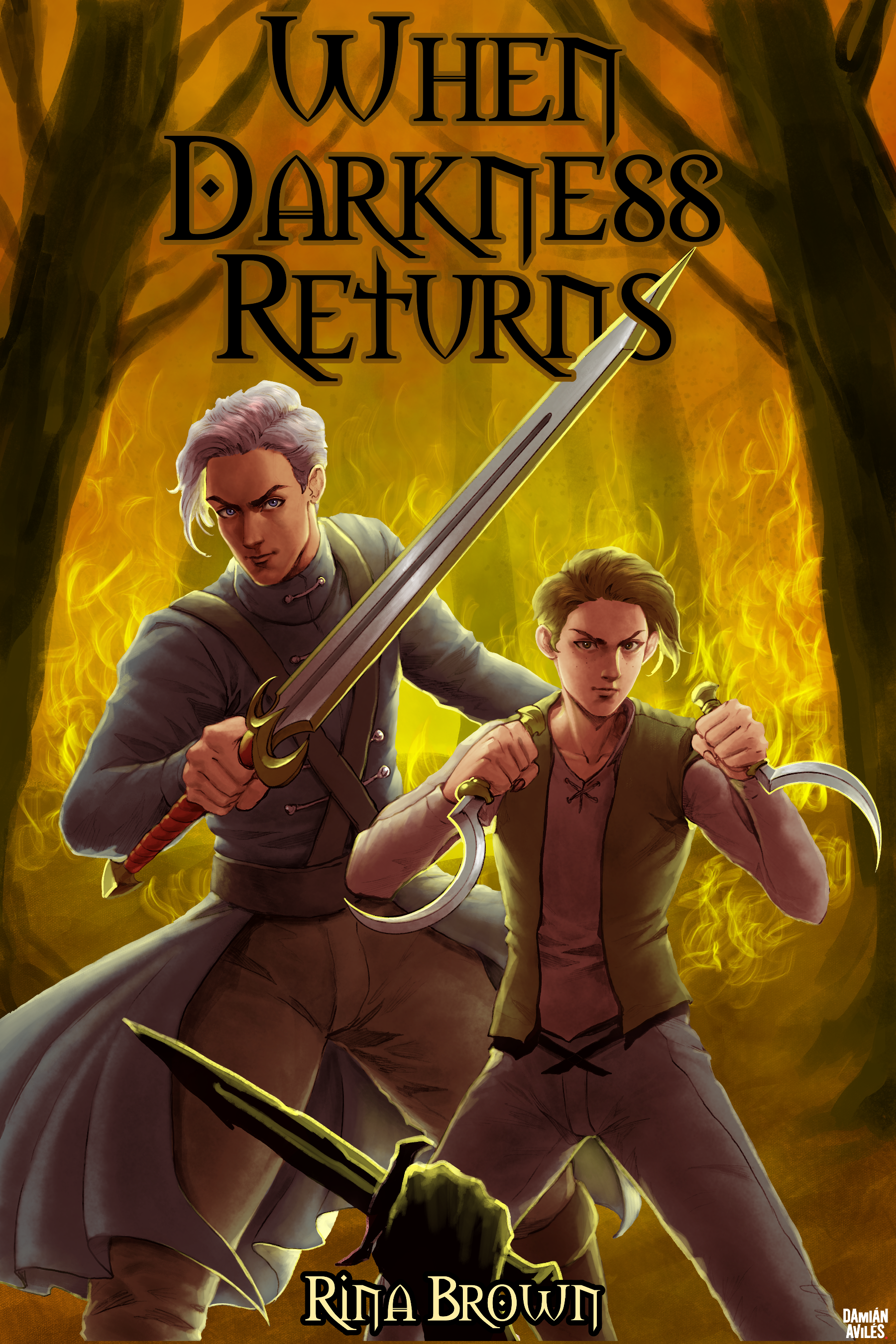 Book cover for 'When Darkness Returns' featuring two characters, one holding a sword, with a backdrop of a forest and fire.