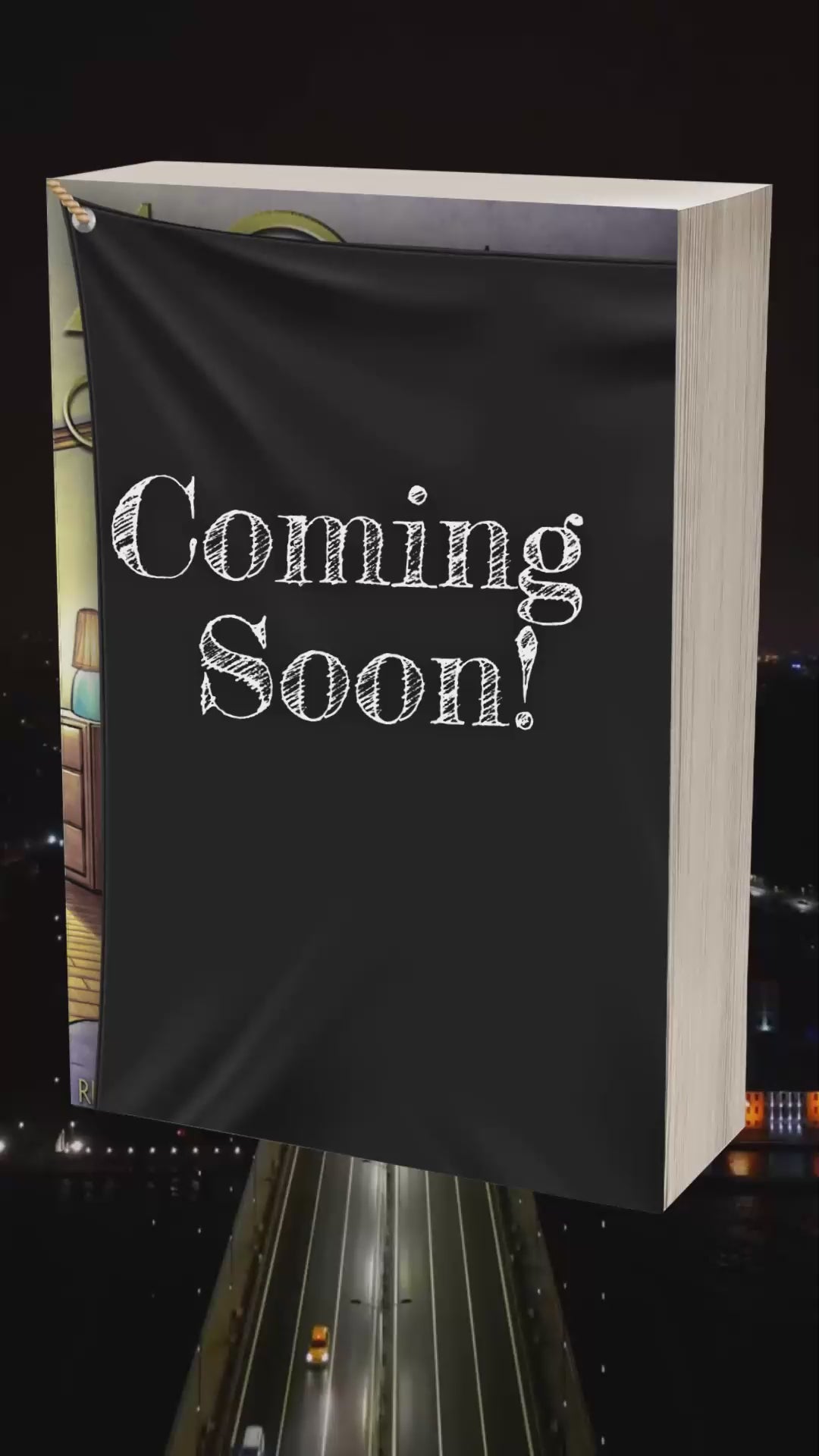 Load video: coming soon on black fabric hiding a book cover